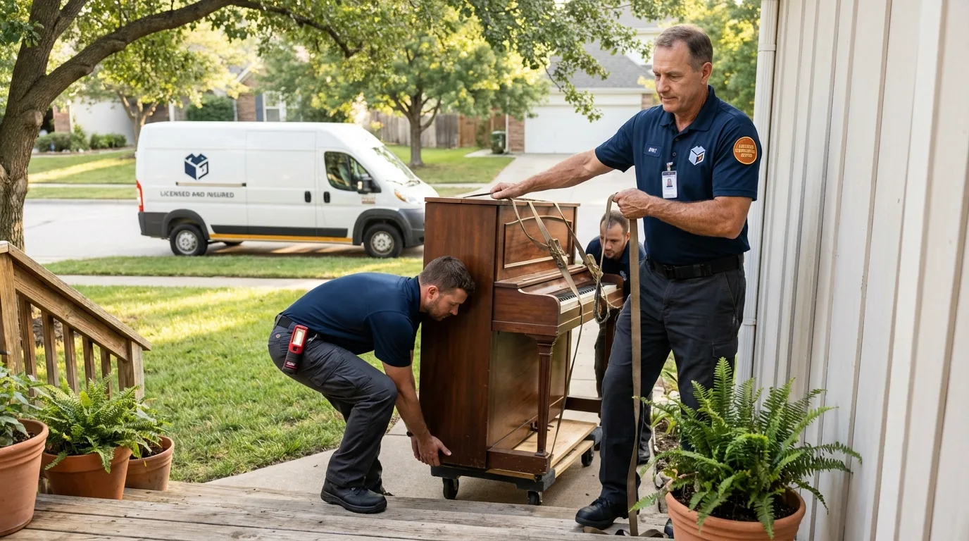 Licensed piano movers securing grand piano in Cherokee, AL