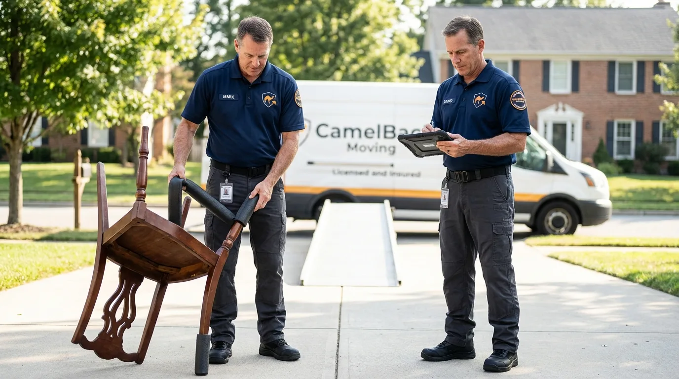 Movers inspecting furniture for damage prevention before loading in Cherokee, AL