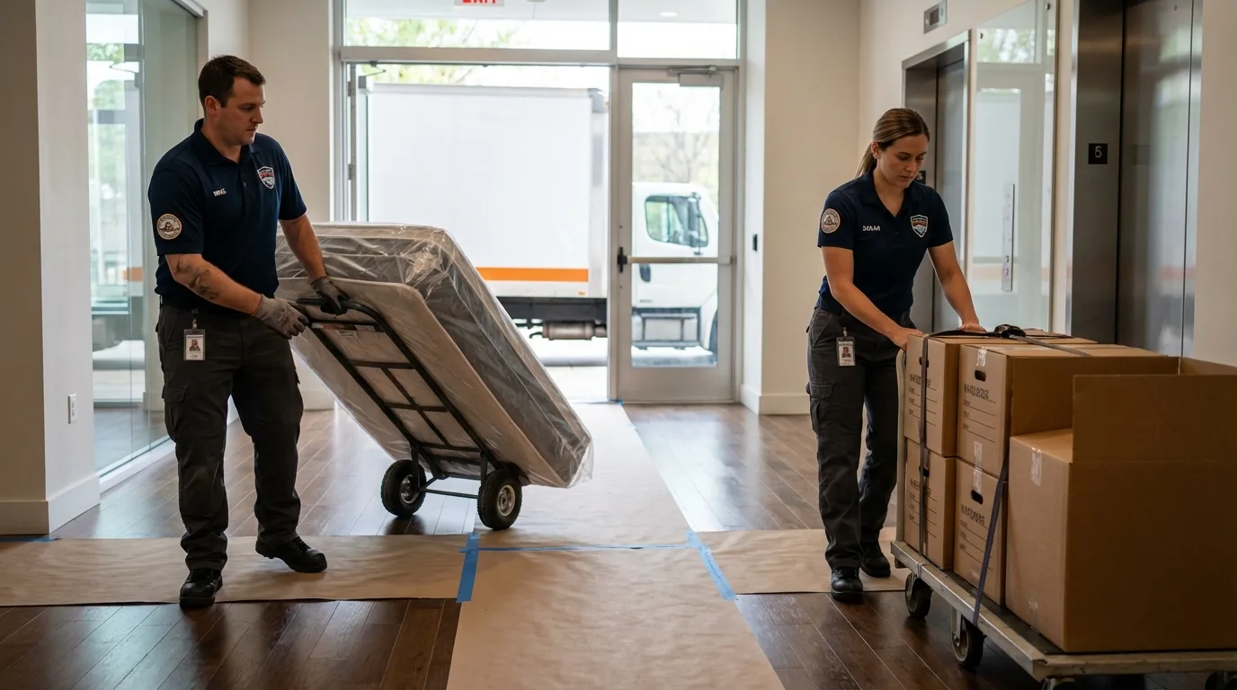 Professional apartment movers loading elevator in Cherokee, AL